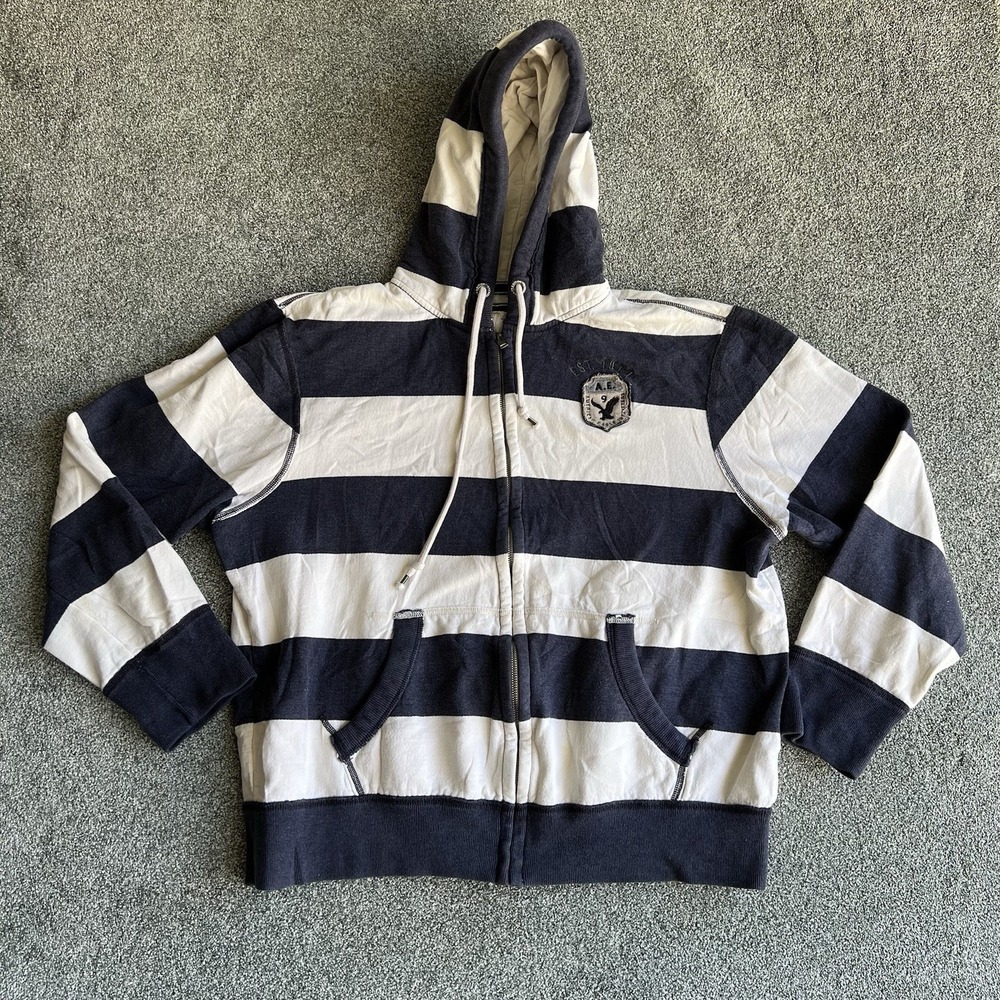 American Eagle Mens XXL Navy White Striped Full Zip Hoodie Logo Sweatshirt